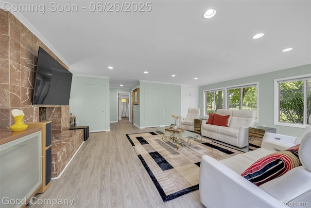30239 Hickory Ln, Franklin, MI 48025 - living room featuring wood finished floors, crown molding, and recessed lighting