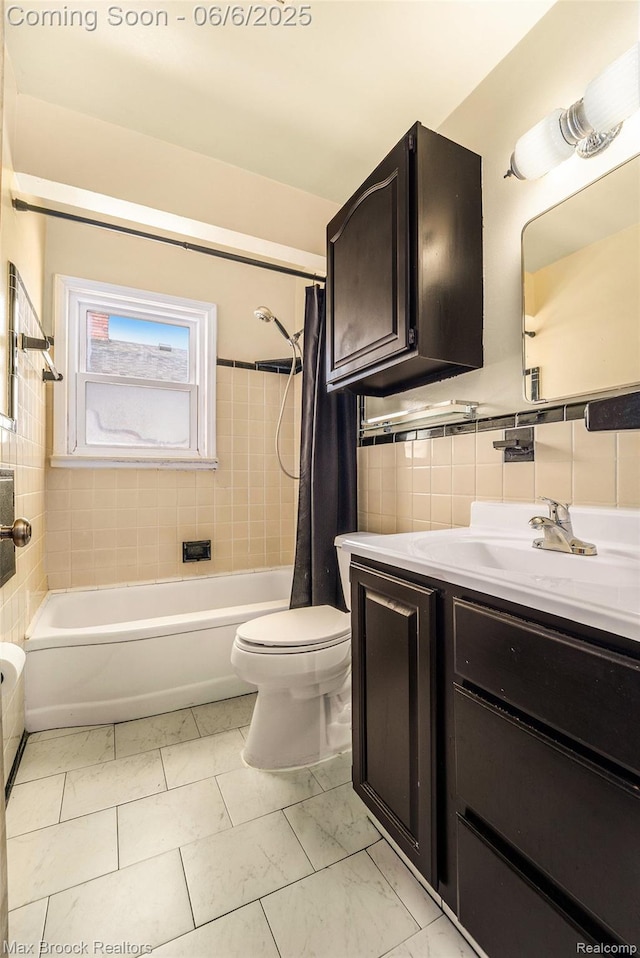 15255 Horger Ave, Allen Park, MI 48101 - full bathroom with marble finish flooring, vanity, toilet, shower / bath combo, and tile walls