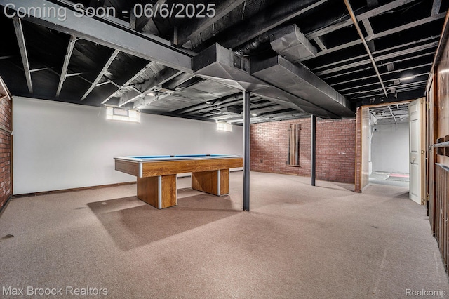 15255 Horger Ave, Allen Park, MI 48101 - basement featuring brick wall, carpet, billiards table, and baseboards