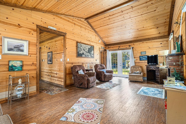 32205 James St, Colon, MI 49040 - living room with french doors, wood walls, hardwood / wood-style flooring, and wooden ceiling