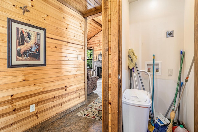 32205 James St, Colon, MI 49040 - hall with wood ceiling, wooden walls, and lofted ceiling
