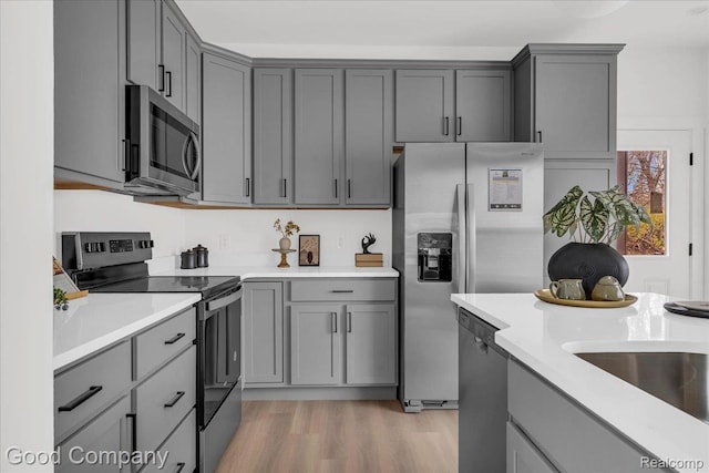 2827 16th St, Detroit, MI 48216 - kitchen featuring stainless steel appliances, gray cabinets, light countertops, and light wood-style floors