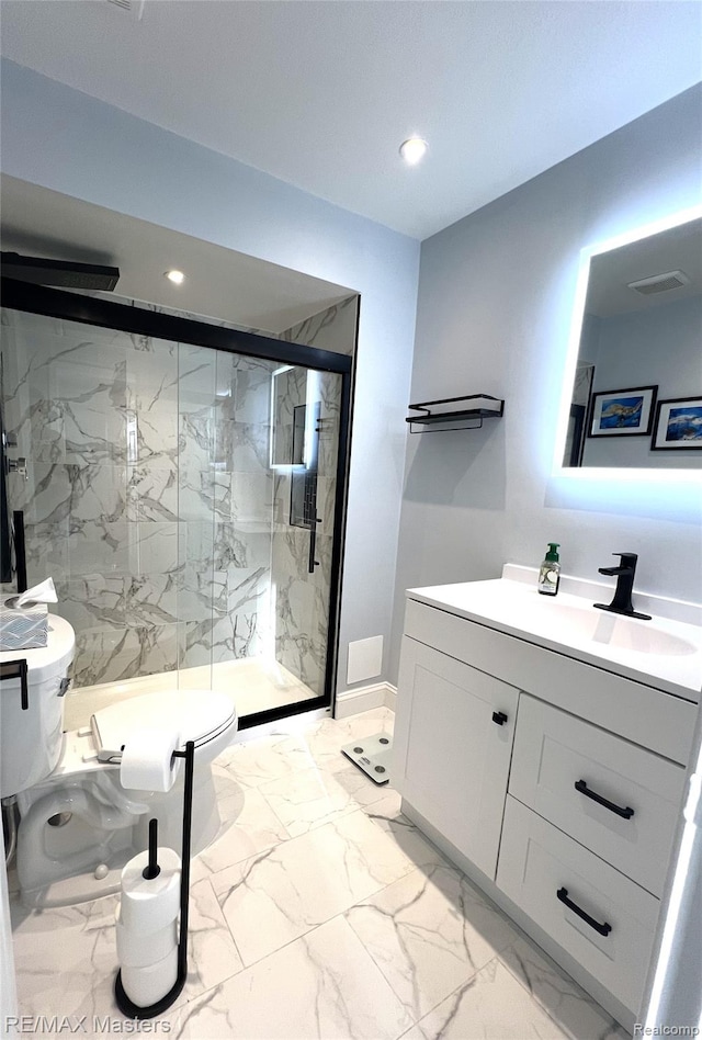 1565 Harbour Blvd Unit 182, Trenton, MI 48183 - bathroom with toilet, vanity, marble look tiles, recessed lighting, and a marble finish shower