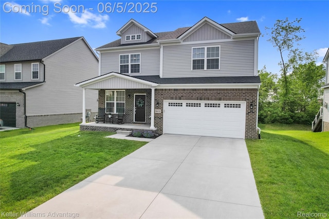 861 N Mill St, South Lyon, MI 48178 - view of front of home with covered porch, a front lawn, brick siding, and a garage