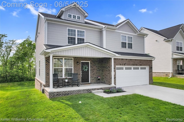 861 N Mill St, South Lyon, MI 48178 - view of front facade featuring covered porch, driveway, a front yard, a garage, and board and batten siding