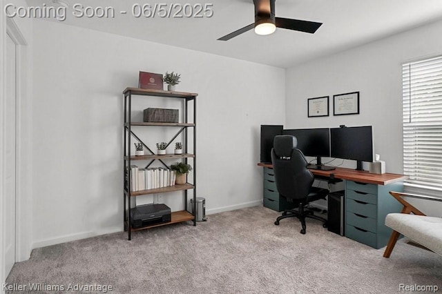 861 N Mill St, South Lyon, MI 48178 - home office featuring carpet floors, a ceiling fan, and baseboards