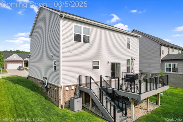 861 N Mill St, South Lyon, MI 48178 - back of house with a yard, a wooden deck, central AC unit, and stairs
