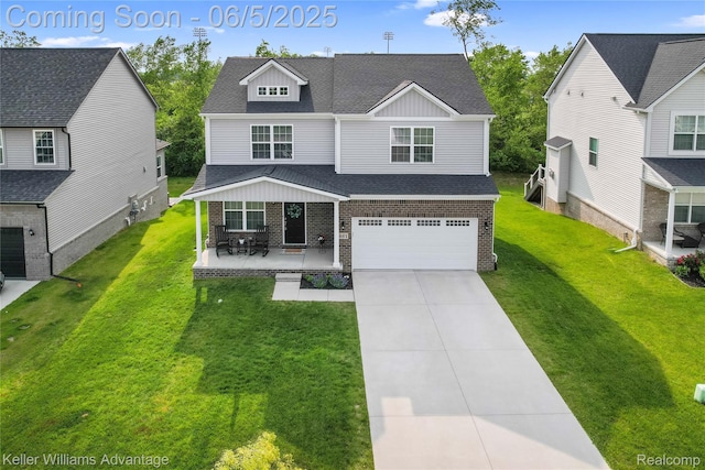 861 N Mill St, South Lyon, MI 48178 - view of front of property with brick siding, roof with shingles, driveway, a front yard, and an attached garage