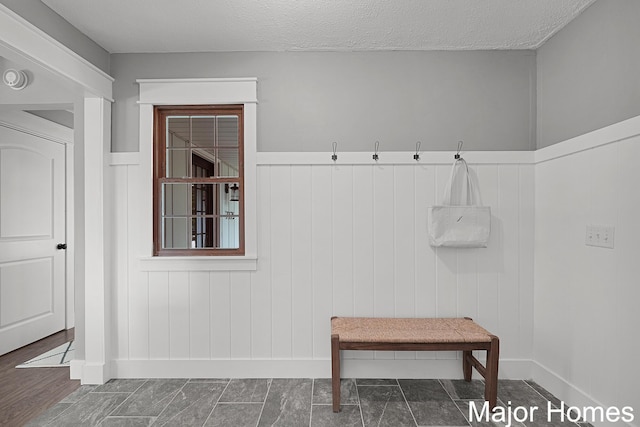 7125 Brooklyn Ave SE, Grand Rapids, MI 49508 - mudroom with baseboards, a wainscoted wall, and a textured ceiling