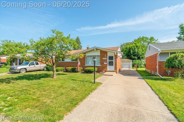 32622 Parkwood St, Westland, MI 48186 - view of front of property featuring brick siding, an outdoor structure, a front yard, a garage, and a chimney