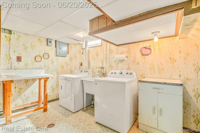 32622 Parkwood St, Westland, MI 48186 - washroom with wallpapered walls, washing machine and dryer, electric panel, and light flooring