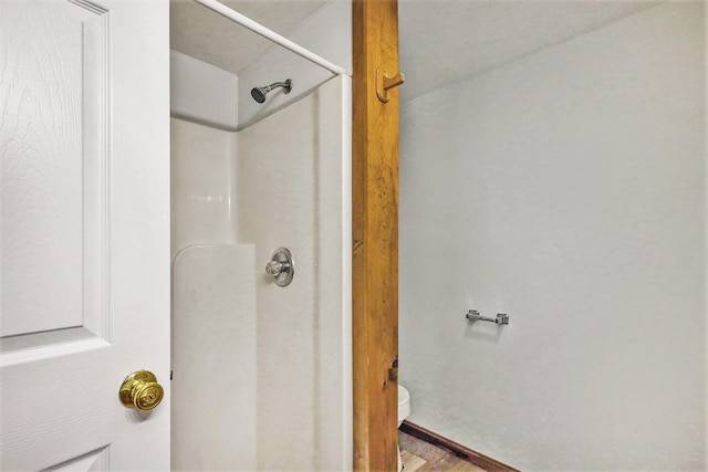 707 Maple St, Big Rapids, MI 49307 - full bathroom featuring a shower, toilet, and wood finished floors