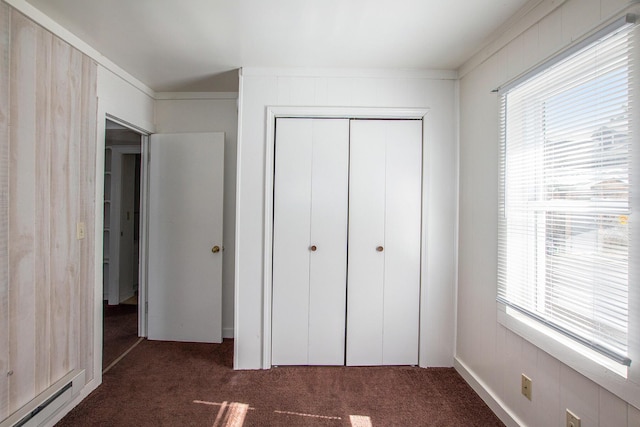 707 Maple St, Big Rapids, MI 49307 - unfurnished bedroom featuring a baseboard heating unit, carpet flooring, multiple windows, and a closet