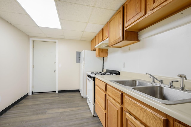 707 Maple St, Big Rapids, MI 49307 - kitchen with white appliances, a sink, under cabinet range hood, light countertops, and a drop ceiling