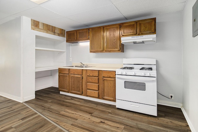 707 Maple St, Big Rapids, MI 49307 - kitchen featuring under cabinet range hood, white range with gas stovetop, a sink, a drop ceiling, and light countertops