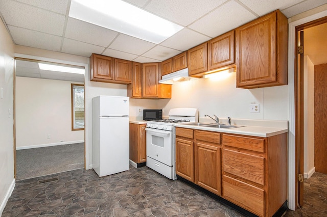 707 Maple St, Big Rapids, MI 49307 - kitchen featuring white appliances, a paneled ceiling, under cabinet range hood, a sink, and light countertops