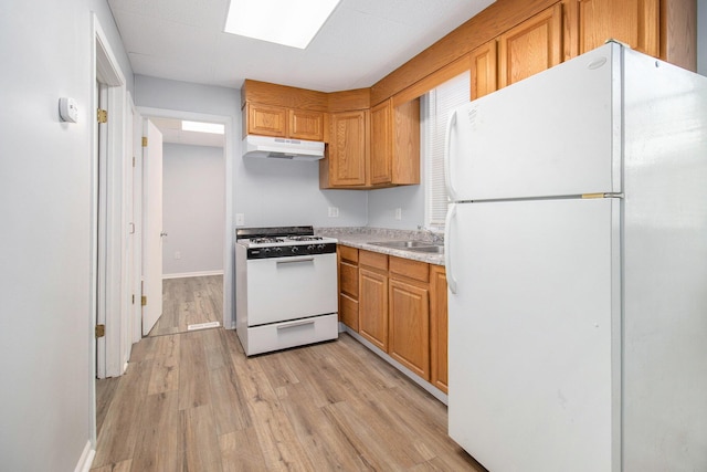 707 Maple St, Big Rapids, MI 49307 - kitchen featuring white appliances, under cabinet range hood, a sink, light wood-style flooring, and light countertops