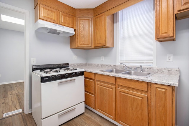707 Maple St, Big Rapids, MI 49307 - kitchen featuring gas range gas stove, under cabinet range hood, a sink, light countertops, and light wood finished floors