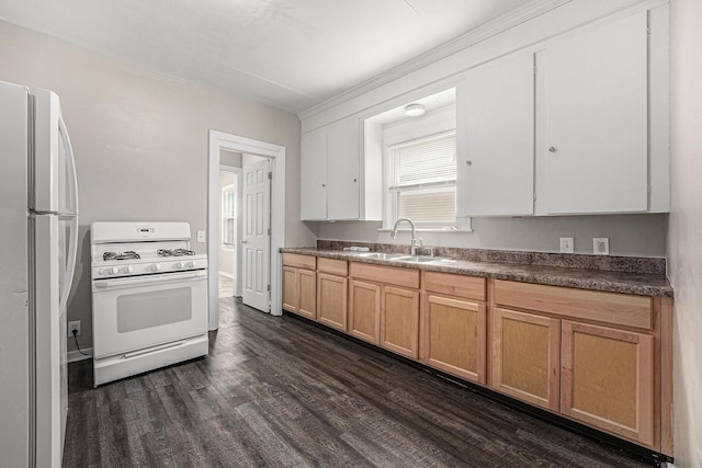 510 Woodlawn St SE, Grand Rapids, MI 49507 - kitchen featuring white appliances, a sink, dark wood finished floors, and dark countertops