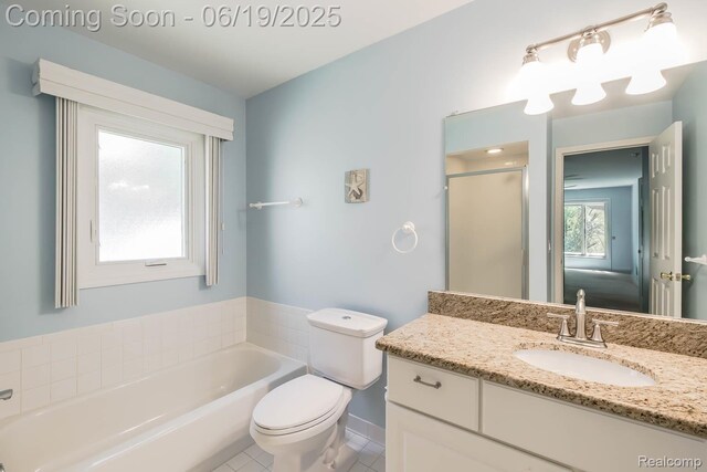 43221 Pointe Dr Unit 57, Clinton Township, MI 48038 - full bath featuring vanity, a garden tub, tile patterned flooring, and a stall shower