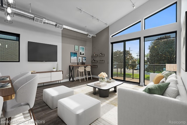 1711 Livernois St Unit 7, Ferndale, MI 48220 - living area with rail lighting, wood finished floors, a towering ceiling, and baseboards