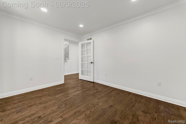 1285 Ruffner Ave, Birmingham, MI 48009 - spare room featuring ornamental molding, baseboards, dark wood-style flooring, recessed lighting, and french doors