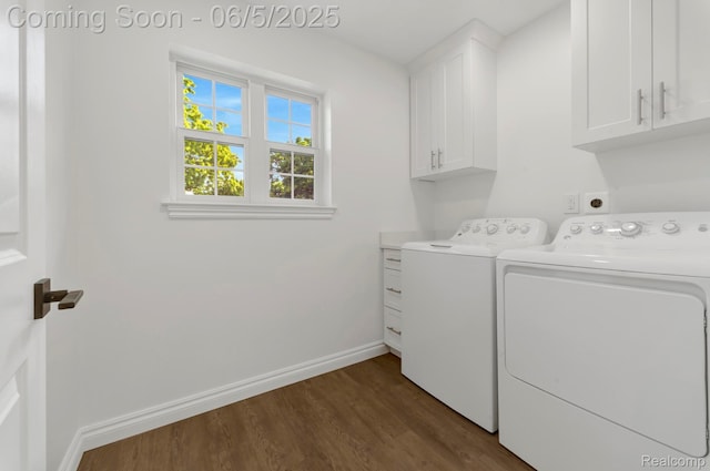 1285 Ruffner Ave, Birmingham, MI 48009 - laundry room with cabinet space, independent washer and dryer, dark wood-style flooring, and baseboards