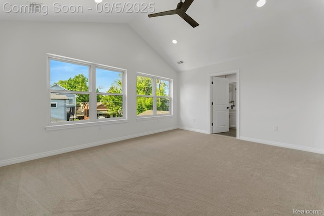 1285 Ruffner Ave, Birmingham, MI 48009 - carpeted spare room with a ceiling fan, high vaulted ceiling, recessed lighting, and baseboards