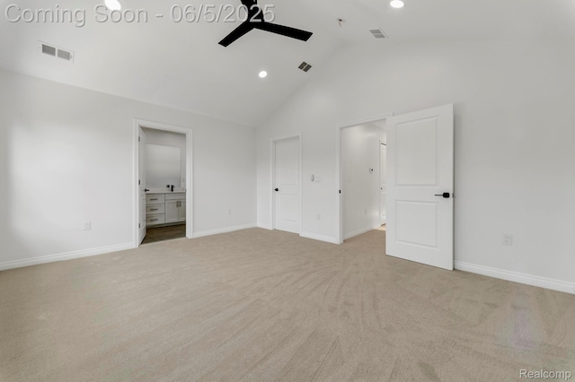 1285 Ruffner Ave, Birmingham, MI 48009 - unfurnished bedroom featuring carpet, high vaulted ceiling, ensuite bath, recessed lighting, and baseboards