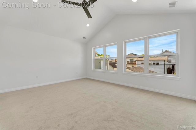 1285 Ruffner Ave, Birmingham, MI 48009 - carpeted empty room with baseboards, high vaulted ceiling, recessed lighting, and a ceiling fan