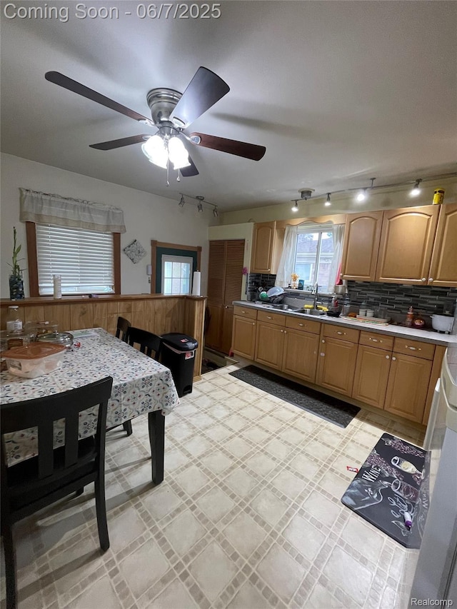 31551 Newport Dr, Warren, MI 48088 - kitchen with track lighting, ceiling fan, wainscoting, and decorative backsplash
