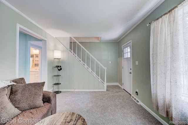 585 Roth Blvd, Clawson, MI 48017 - living room with stairway, crown molding, and carpet