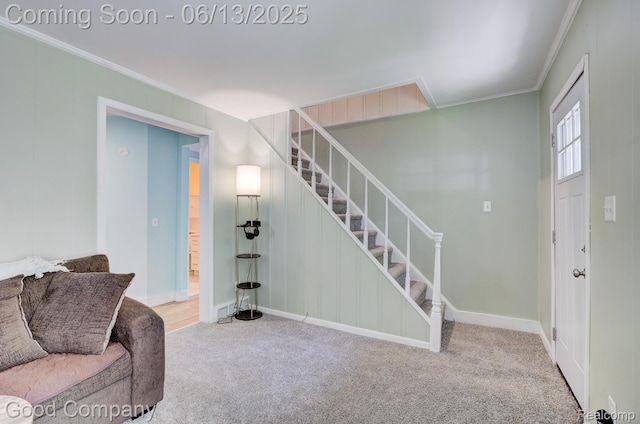 585 Roth Blvd, Clawson, MI 48017 - carpeted living room with crown molding and stairway