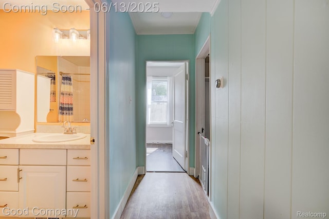 585 Roth Blvd, Clawson, MI 48017 - bathroom with vanity, crown molding, wood finished floors, and a shower with shower curtain
