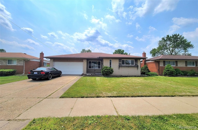 11618 Highland Dr, Warren, MI 48089 - ranch-style home with a garage, brick siding, concrete driveway, a front yard, and a chimney