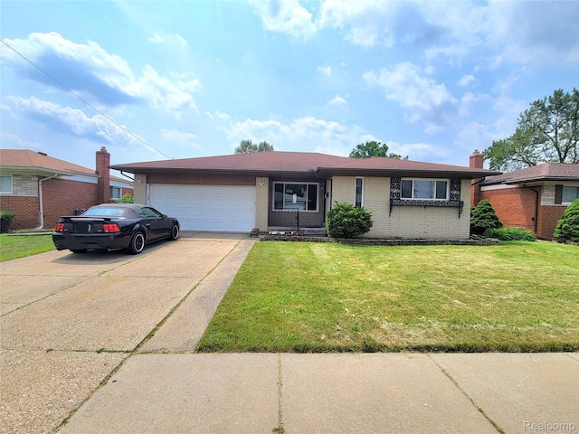 11618 Highland Dr, Warren, MI 48089 - ranch-style home with brick siding, a garage, driveway, and a front lawn