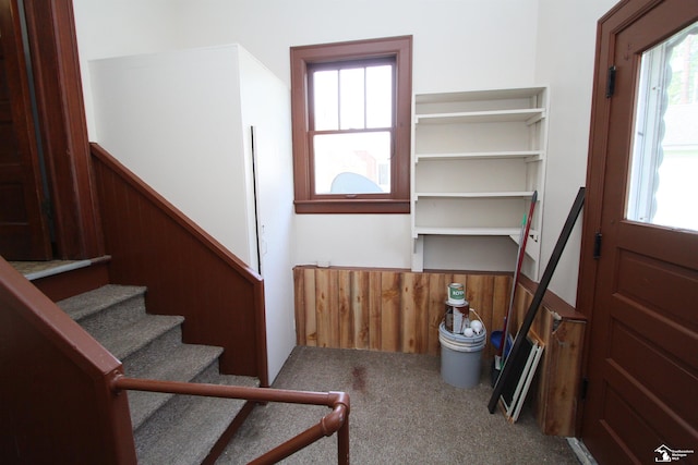 624 Waterloo Ave, Monroe, MI 48161 - carpeted entrance foyer featuring wainscoting, stairs, and wooden walls
