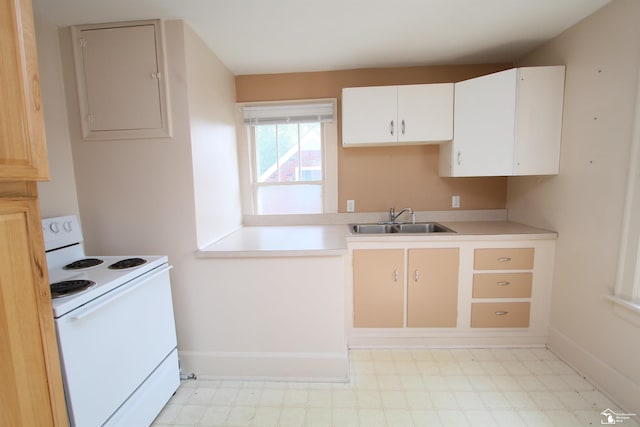 624 Waterloo Ave, Monroe, MI 48161 - kitchen with white electric range, a sink, light floors, and light countertops