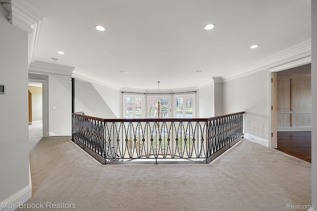 2921 Turtle Pond Ct, Bloomfield Hills, MI 48302 - hall with carpet floors, ornamental molding, baseboards, recessed lighting, and an upstairs landing