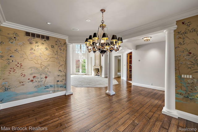 2921 Turtle Pond Ct, Bloomfield Hills, MI 48302 - unfurnished dining area featuring a chandelier, baseboards, hardwood / wood-style flooring, ornamental molding, and decorative columns