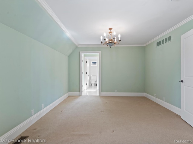 2921 Turtle Pond Ct, Bloomfield Hills, MI 48302 - empty room featuring light carpet, ornamental molding, a chandelier, and baseboards