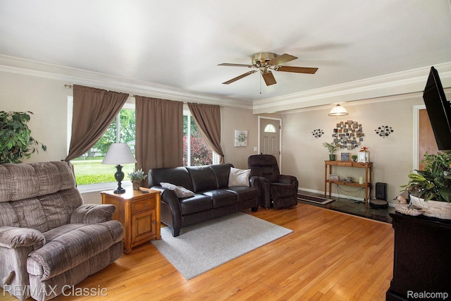 38 Meadowview Dr, Howell, MI 48843 - living room with ceiling fan, light wood-style flooring, and ornamental molding