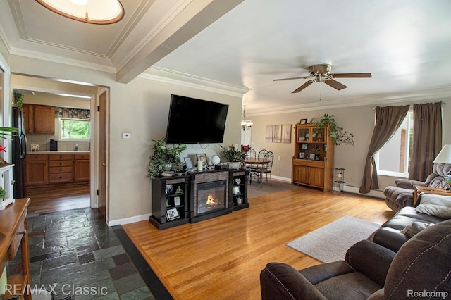 38 Meadowview Dr, Howell, MI 48843 - living area with a baseboard radiator, baseboards, ornamental molding, and ceiling fan