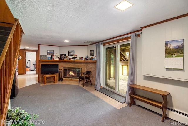 38 Meadowview Dr, Howell, MI 48843 - living room with a fireplace, a textured ceiling, a baseboard heating unit, ornamental molding, and tile patterned flooring