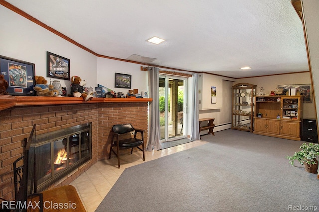 38 Meadowview Dr, Howell, MI 48843 - living room featuring crown molding, a brick fireplace, and a textured ceiling