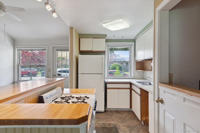 3417 Edgewood Dr, Ann Arbor, MI 48104 - kitchen with white appliances, wood counters, stone finish floors, a ceiling fan, and a sink