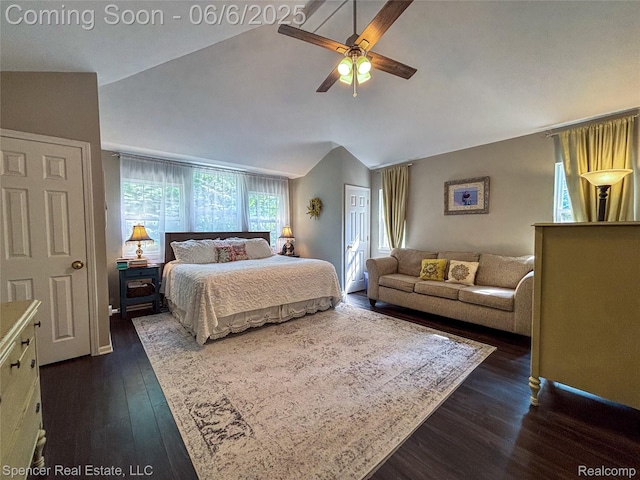 5005 Mohawk Ave, Clarkston, MI 48348 - bedroom featuring dark wood finished floors, high vaulted ceiling, and a ceiling fan