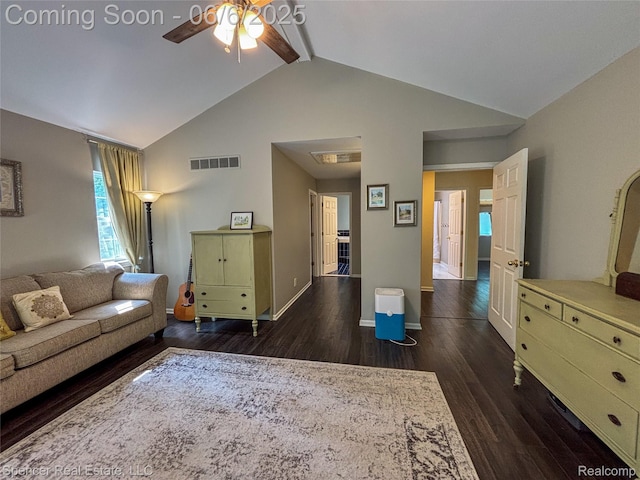 5005 Mohawk Ave, Clarkston, MI 48348 - living area featuring a ceiling fan, wood finished floors, beam ceiling, baseboards, and high vaulted ceiling