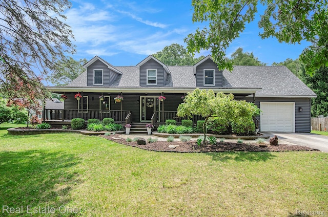 2400 Rolandale, West Bloomfield, MI 48324 - cape cod home featuring roof with shingles, a garage, driveway, a front yard, and covered porch