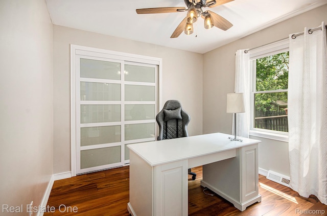 2400 Rolandale, West Bloomfield, MI 48324 - home office featuring dark wood-type flooring, a ceiling fan, and baseboards